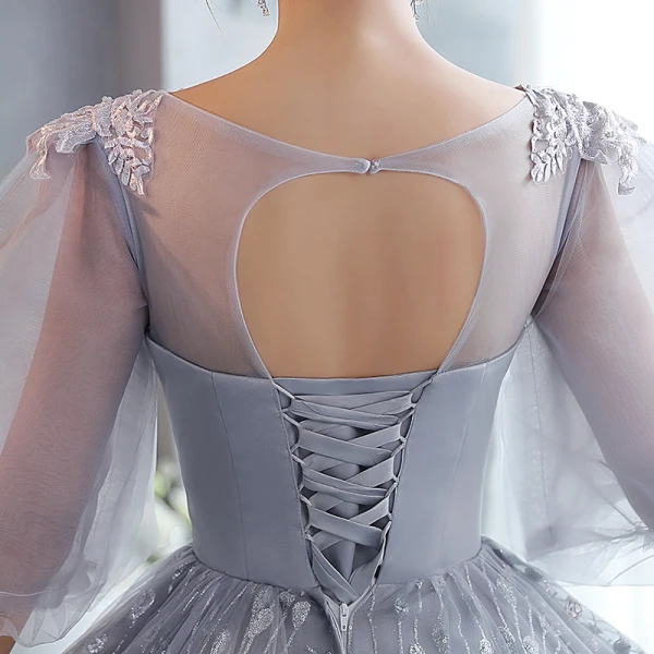 Chic / Beautiful Grey Lace Flower Evening Dresses  2022 A-Line / Princess Scoop Neck Beading Pearl Sequins 1/2 Sleeves Backless Floor-Length / Long Formal Dresses