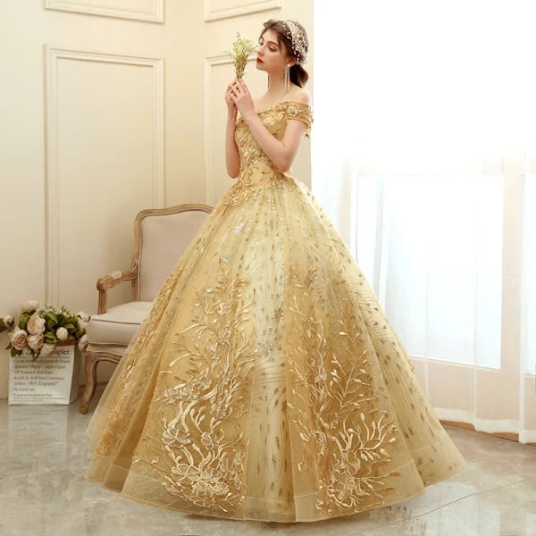 gold dresses elegant Chic A-line Straps Gold Applique Long Prom Dresses Elegant Evening Dre –  SELINADRESS main image 1