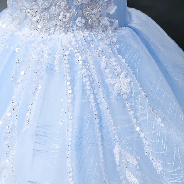 Chic / Beautiful Sky Blue Beading Pearl Sequins Prom Dresses 2022 Ball Gown Scoop Neck Short Sleeve Backless Floor-Length / Long Formal Dresses