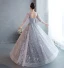 Chic / Beautiful Grey Lace Flower Evening Dresses  2022 A-Line / Princess Scoop Neck Beading Pearl Sequins 1/2 Sleeves Backless Floor-Length / Long Formal Dresses