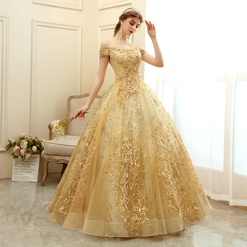 open lace back dress Gold Rhinestones Strapless Slit Long Train Overskirt Prom Dress
