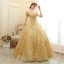 Elegant Gold Prom Dresses 2020 Ball Gown Off-The-Shoulder Short Sleeve Appliques Lace Glitter Tulle Floor-Length / Long Ruffle Backless Formal Dresses
