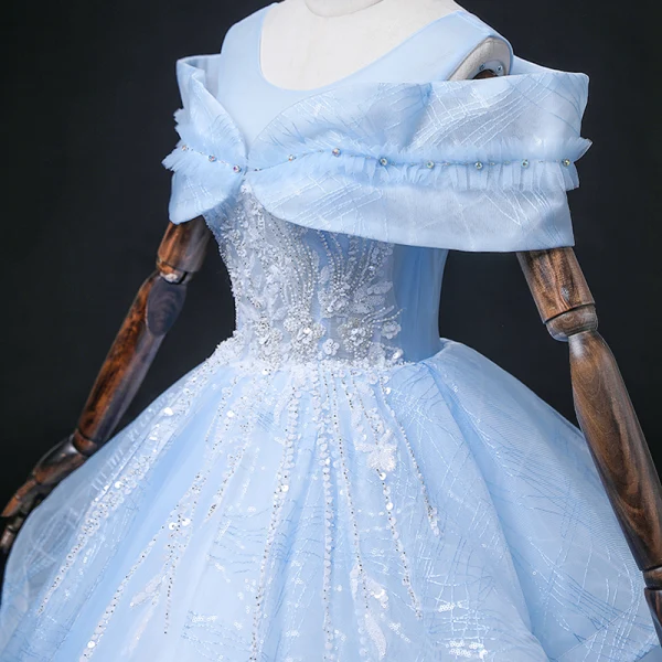 Chic / Beautiful Sky Blue Beading Pearl Sequins Prom Dresses 2022 Ball Gown Scoop Neck Short Sleeve Backless Floor-Length / Long Formal Dresses
