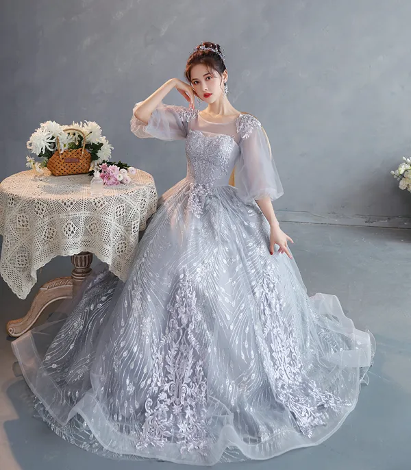 Chic / Beautiful Grey Lace Flower Evening Dresses 2022 A-Line