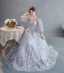 Chic / Beautiful Grey Lace Flower Evening Dresses  2022 A-Line / Princess Scoop Neck Beading Pearl Sequins 1/2 Sleeves Backless Floor-Length / Long Formal Dresses