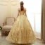 Elegant Gold Prom Dresses 2020 Ball Gown Off-The-Shoulder Short Sleeve Appliques Lace Glitter Tulle Floor-Length / Long Ruffle Backless Formal Dresses