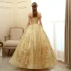 Eleganckie Złote Sukienki Na Bal 2020 Suknia Balowa Przy Ramieniu Kótkie Rękawy Aplikacje Z Koronki Cekinami Tiulowe Długie Wzburzyć Bez Pleców Sukienki Wizytowe