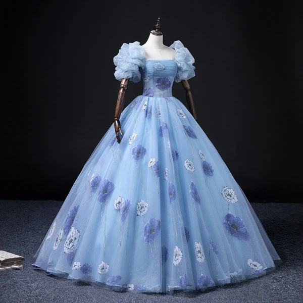 Chic / Beautiful Pool Blue Glitter Prom Dresses 2022 Ball Gown Strapless Puffy Short Sleeve Backless Flower Floor-Length / Long Formal Dresses