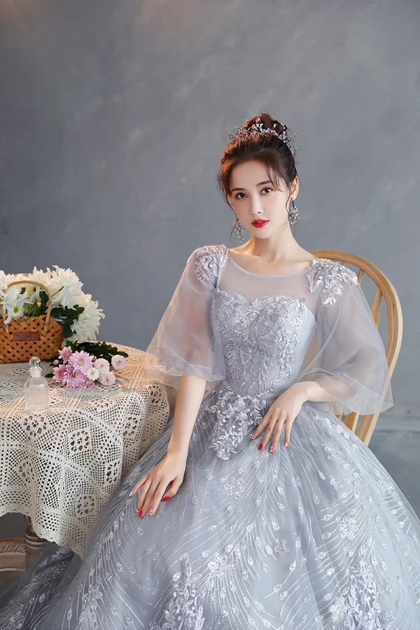 Chic / Beautiful Grey Lace Flower Evening Dresses  2022 A-Line / Princess Scoop Neck Beading Pearl Sequins 1/2 Sleeves Backless Floor-Length / Long Formal Dresses