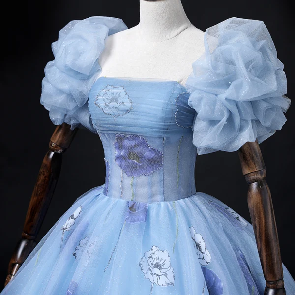Chic / Beautiful Pool Blue Glitter Prom Dresses 2022 Ball Gown Strapless Puffy Short Sleeve Backless Flower Floor-Length / Long Formal Dresses