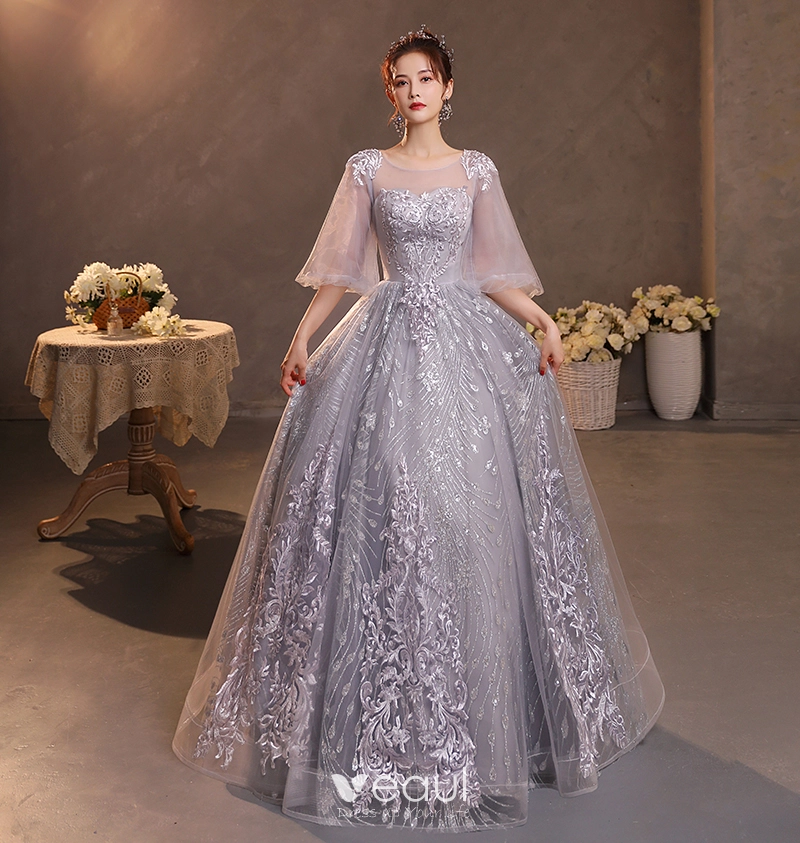 Chic / Beautiful Grey Lace Flower Evening Dresses 2022 A-Line / Princess  Scoop Neck Beading Pearl Sequins 1/2 Sleeves Backless Floor-Length / Long Formal  Dresses