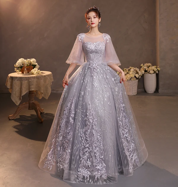 Chic / Beautiful Grey Lace Flower Evening Dresses  2022 A-Line / Princess Scoop Neck Beading Pearl Sequins 1/2 Sleeves Backless Floor-Length / Long Formal Dresses