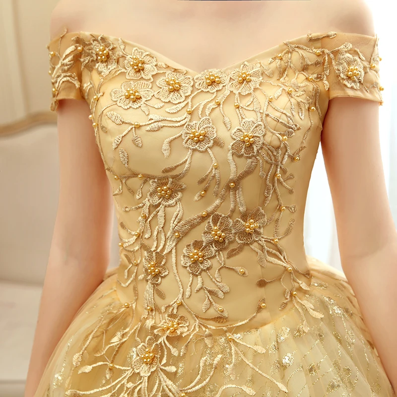 Elegant Gold Prom Dresses 2020 Ball Gown Off-The-Shoulder Formal Dress