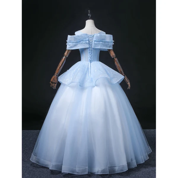Chic / Beautiful Sky Blue Beading Pearl Sequins Prom Dresses 2022 Ball Gown Scoop Neck Short Sleeve Backless Floor-Length / Long Formal Dresses