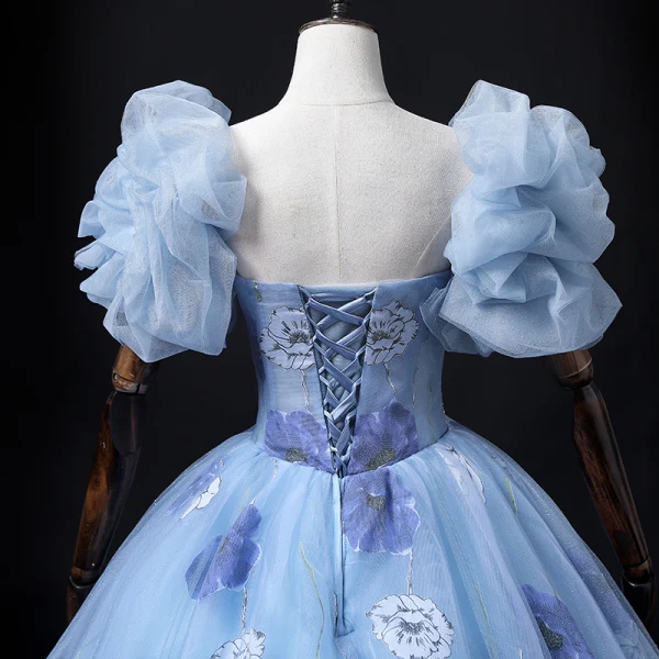 Chic / Beautiful Pool Blue Glitter Prom Dresses 2022 Ball Gown Strapless Puffy Short Sleeve Backless Flower Floor-Length / Long Formal Dresses