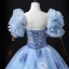 Schöne Blau Glanz Ballkleider 2022 Ballkleid Bandeau Geschwollenes Kurze Ärmel Rückenfreies Blumen Lange Festliche Kleider