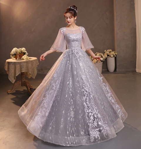 Chic / Belle Gris En Dentelle Fleur Robe De Soirée 2022 Princesse Encolure Dégagée Perlage Perle Paillettes 1/2 Manches Dos Nu Longue Robe De Ceremonie