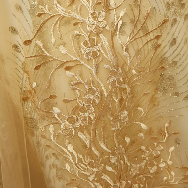 Elegant Gold Prom Dresses 2020 Ball Gown Off-The-Shoulder Short Sleeve Appliques Lace Glitter Tulle Floor-Length / Long Ruffle Backless Formal Dresses