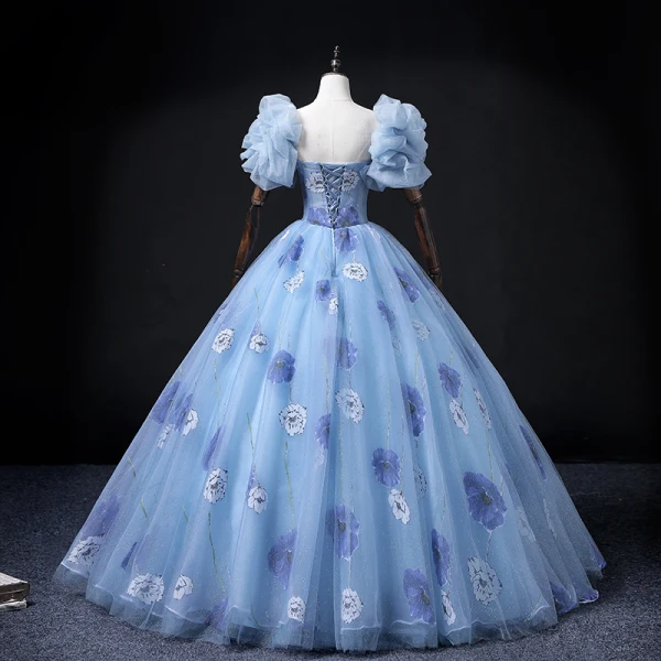 Chic / Beautiful Pool Blue Glitter Prom Dresses 2022 Ball Gown Strapless Puffy Short Sleeve Backless Flower Floor-Length / Long Formal Dresses