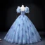 Schöne Blau Glanz Ballkleider 2022 Ballkleid Bandeau Geschwollenes Kurze Ärmel Rückenfreies Blumen Lange Festliche Kleider