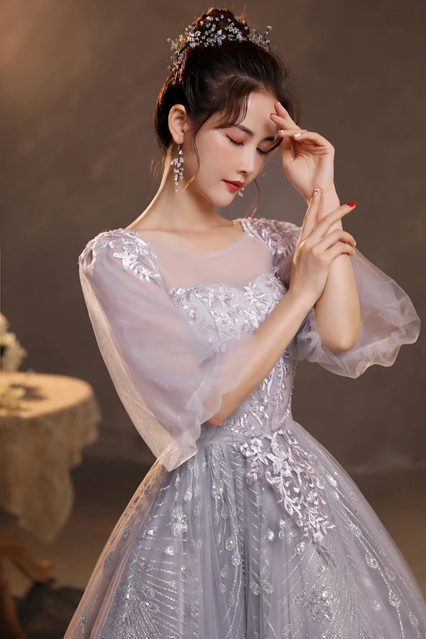 Chic / Beautiful Grey Lace Flower Evening Dresses  2022 A-Line / Princess Scoop Neck Beading Pearl Sequins 1/2 Sleeves Backless Floor-Length / Long Formal Dresses
