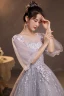 Chic / Beautiful Grey Lace Flower Evening Dresses  2022 A-Line / Princess Scoop Neck Beading Pearl Sequins 1/2 Sleeves Backless Floor-Length / Long Formal Dresses