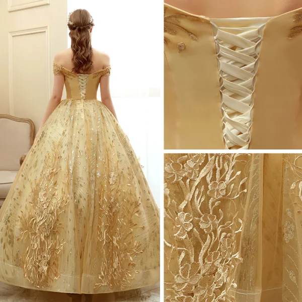 Elegant Gold Prom Dresses 2020 Ball Gown Off-The-Shoulder Short Sleeve Appliques Lace Glitter Tulle Floor-Length / Long Ruffle Backless Formal Dresses