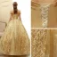 Elegant Gold Prom Dresses 2020 Ball Gown Off-The-Shoulder Short Sleeve Appliques Lace Glitter Tulle Floor-Length / Long Ruffle Backless Formal Dresses