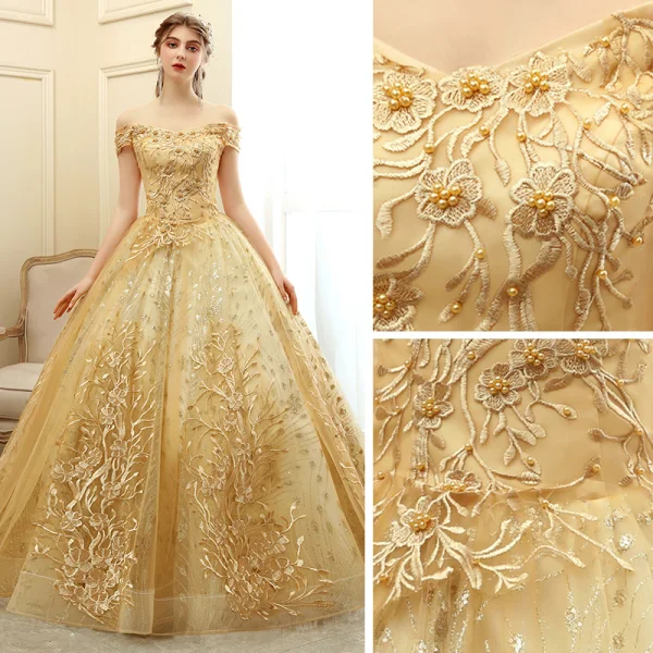 Elegant Gold Prom Dresses 2020 Ball Gown Off-The-Shoulder Short Sleeve Appliques Lace Glitter Tulle Floor-Length / Long Ruffle Backless Formal Dresses