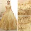 Elegant Gold Prom Dresses 2020 Ball Gown Off-The-Shoulder Short Sleeve Appliques Lace Glitter Tulle Floor-Length / Long Ruffle Backless Formal Dresses
