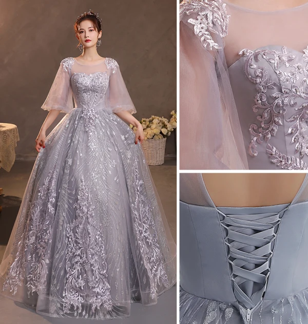 Chic / Beautiful Grey Lace Flower Evening Dresses  2022 A-Line / Princess Scoop Neck Beading Pearl Sequins 1/2 Sleeves Backless Floor-Length / Long Formal Dresses