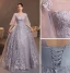 Chic / Beautiful Grey Lace Flower Evening Dresses  2022 A-Line / Princess Scoop Neck Beading Pearl Sequins 1/2 Sleeves Backless Floor-Length / Long Formal Dresses