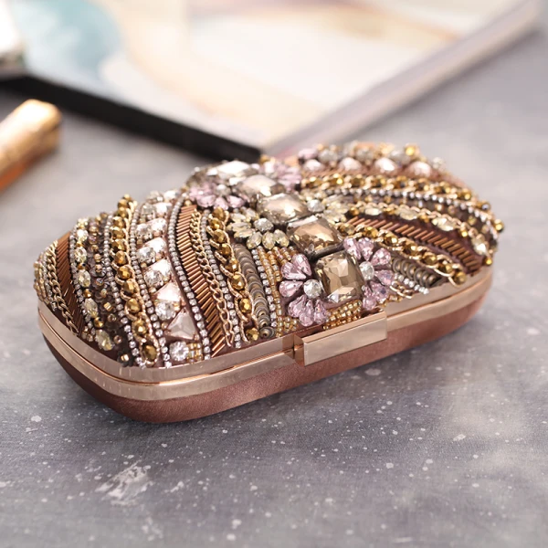 Vintage / Retro Brown Suede Beading Rhinestone Metal Clutch Bags 2018