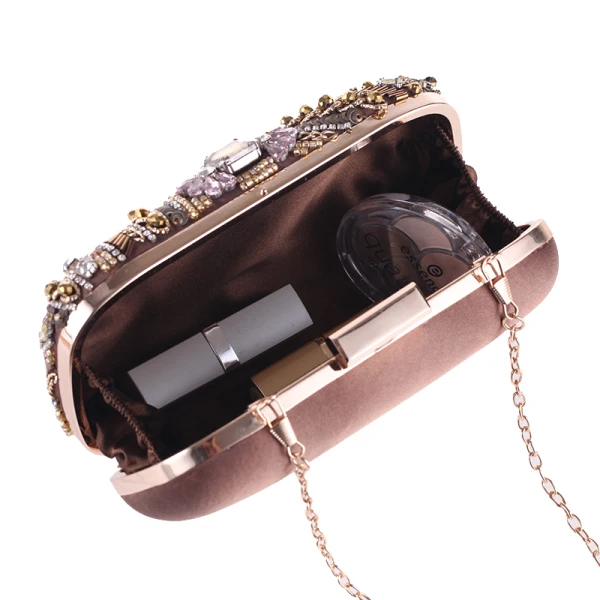 Vintage / Retro Brown Suede Beading Rhinestone Metal Clutch Bags 2018