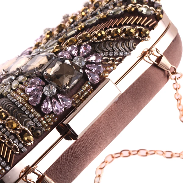 Vintage / Retro Brown Suede Beading Rhinestone Metal Clutch Bags 2018