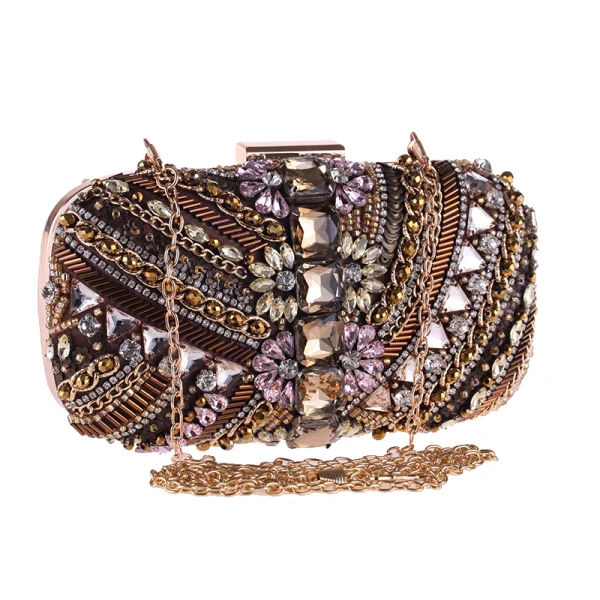 Vintage / Retro Brown Suede Beading Rhinestone Metal Clutch Bags 2018