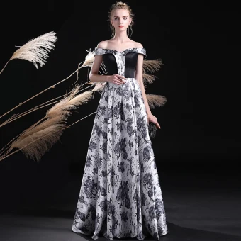 Amazing Unique Black White Prom Dresses 2017 A Line Princess Off The Shoulder Short Sleeve Printing Floor Length Long Backless Formal Dresses