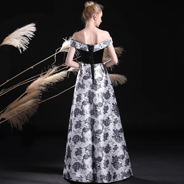Unique Schwarz Weiß Ballkleider 2017 A Linie Off Shoulder Kurze Ärmel Drucken Lange Rückenfreies Festliche Kleider