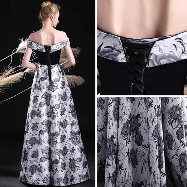 Unique Schwarz Weiß Ballkleider 2017 A Linie Off Shoulder Kurze Ärmel Drucken Lange Rückenfreies Festliche Kleider