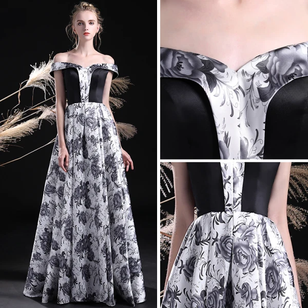 Unique Schwarz Weiß Ballkleider 2017 A Linie Off Shoulder Kurze Ärmel Drucken Lange Rückenfreies Festliche Kleider