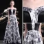 Unique Schwarz Weiß Ballkleider 2017 A Linie Off Shoulder Kurze Ärmel Drucken Lange Rückenfreies Festliche Kleider