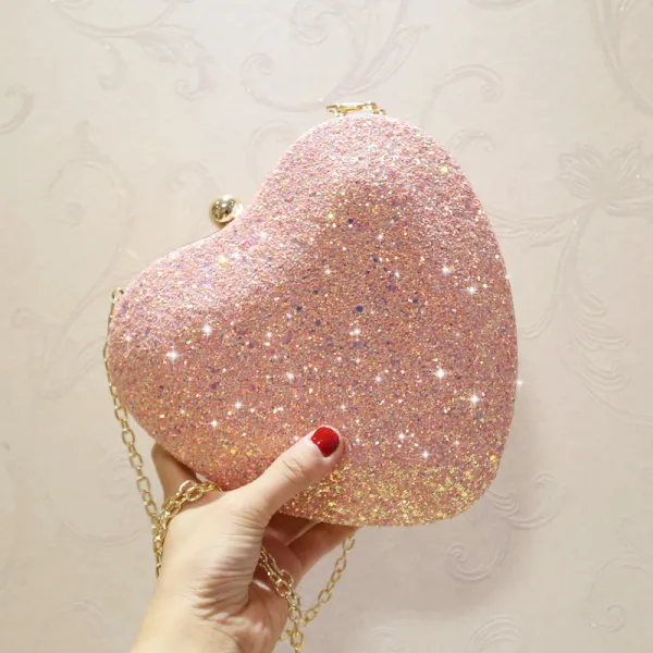 Bling Bling Blushing Pink Glitter Heart-shaped Metal Clutch Bags 2018