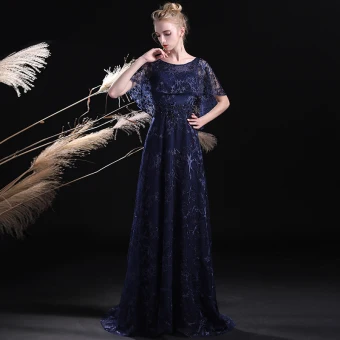 Chic Belle Bleu Marine Robe De Soirée 2017 Princesse Encolure Dégagée Manches Courtes Faux Diamant Brodé Train De Balayage Robe De Ceremonie