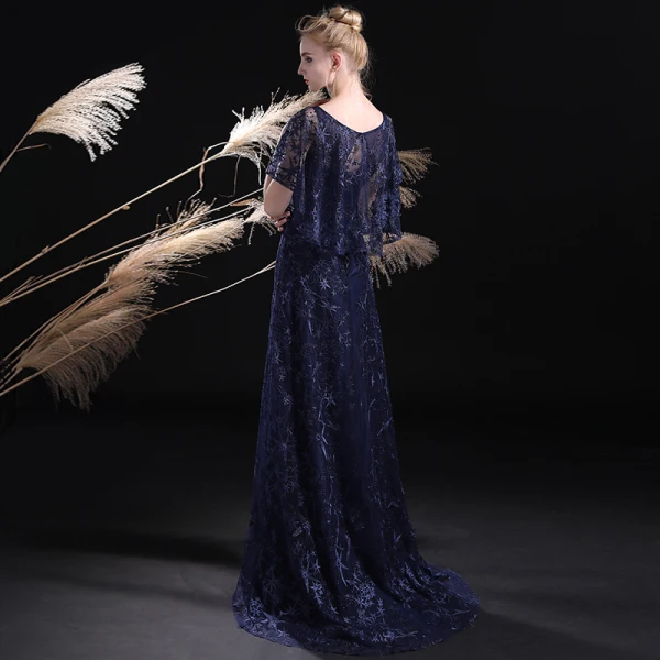 Chic / Belle Bleu Marine Robe De Soirée 2017 Princesse Encolure Dégagée Manches Courtes Faux Diamant Brodé Train De Balayage Robe De Ceremonie