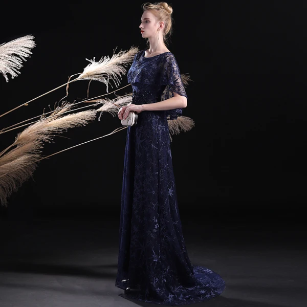 Chic / Belle Bleu Marine Robe De Soirée 2017 Princesse Encolure Dégagée Manches Courtes Faux Diamant Brodé Train De Balayage Robe De Ceremonie