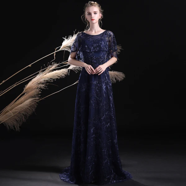 Chic / Belle Bleu Marine Robe De Soirée 2017 Princesse Encolure Dégagée Manches Courtes Faux Diamant Brodé Train De Balayage Robe De Ceremonie