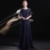 Chic / Beautiful Navy Blue Evening Dresses  2017 A-Line / Princess Scoop Neck Short Sleeve Rhinestone Embroidered Sweep Train Formal Dresses