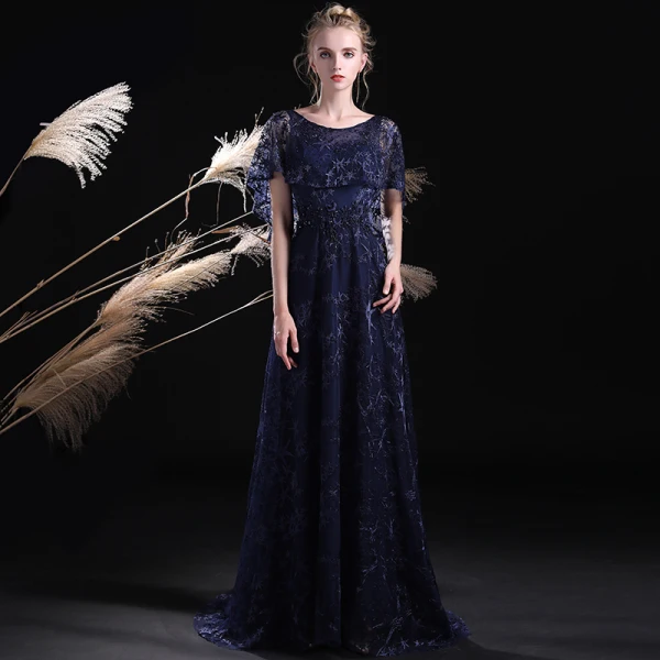 Chic / Belle Bleu Marine Robe De Soirée 2017 Princesse Encolure Dégagée Manches Courtes Faux Diamant Brodé Train De Balayage Robe De Ceremonie