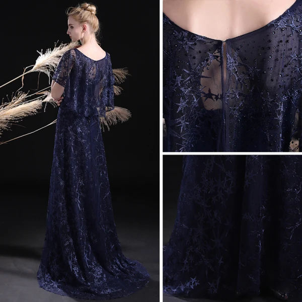 Chic / Belle Bleu Marine Robe De Soirée 2017 Princesse Encolure Dégagée Manches Courtes Faux Diamant Brodé Train De Balayage Robe De Ceremonie