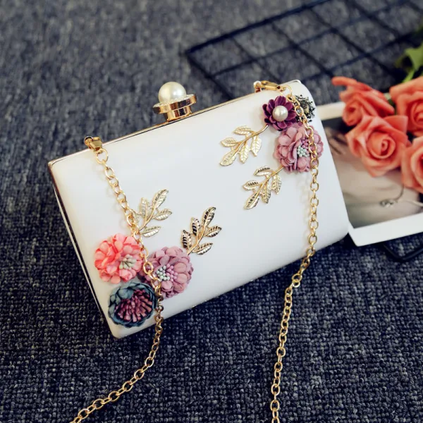 Chic / Beautiful White Flower Metal Clutch Bags 2018